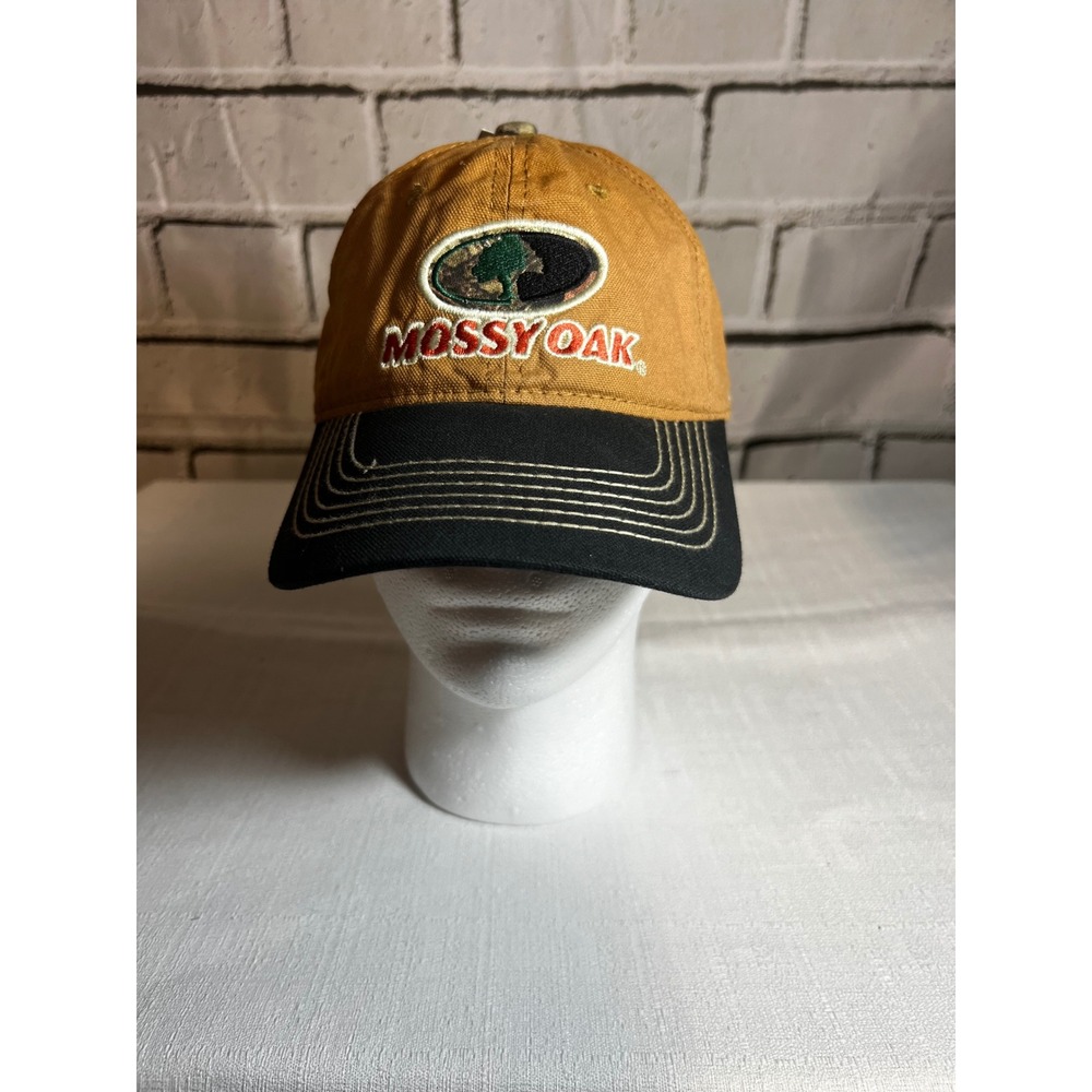 Mossy Oak Hat Mens Tan Black Embroidered Logo Adjustable Baseball Cap Hunting